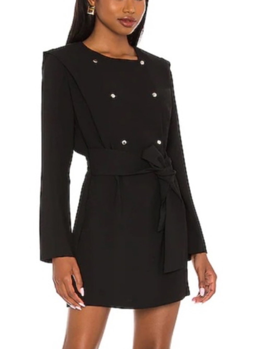 Amanda Uprichard Black Long-Sleeve Belted Mini Dress with Button Accents